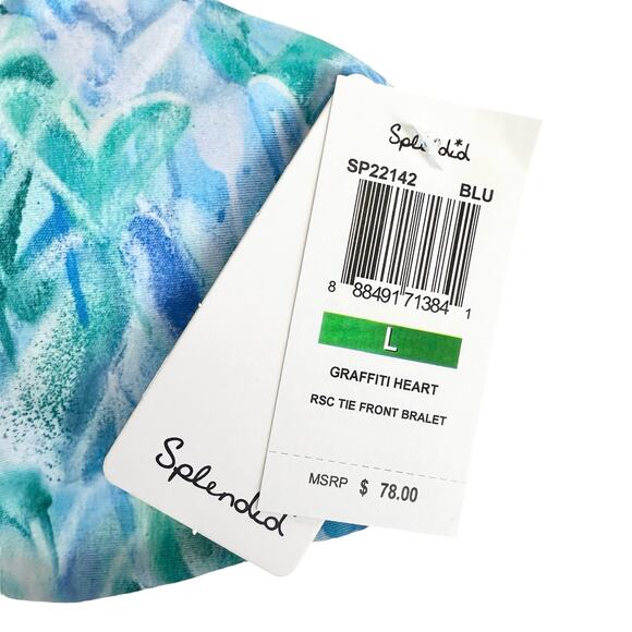 Splendid Graffiti Heart RSC Tie Front Bralete Bikini Top in Blue, Large - Picture 12 of 15